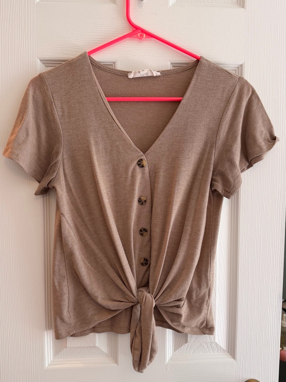 Hippie Rose Taupe Short Sleeve Button Tie-Front Top